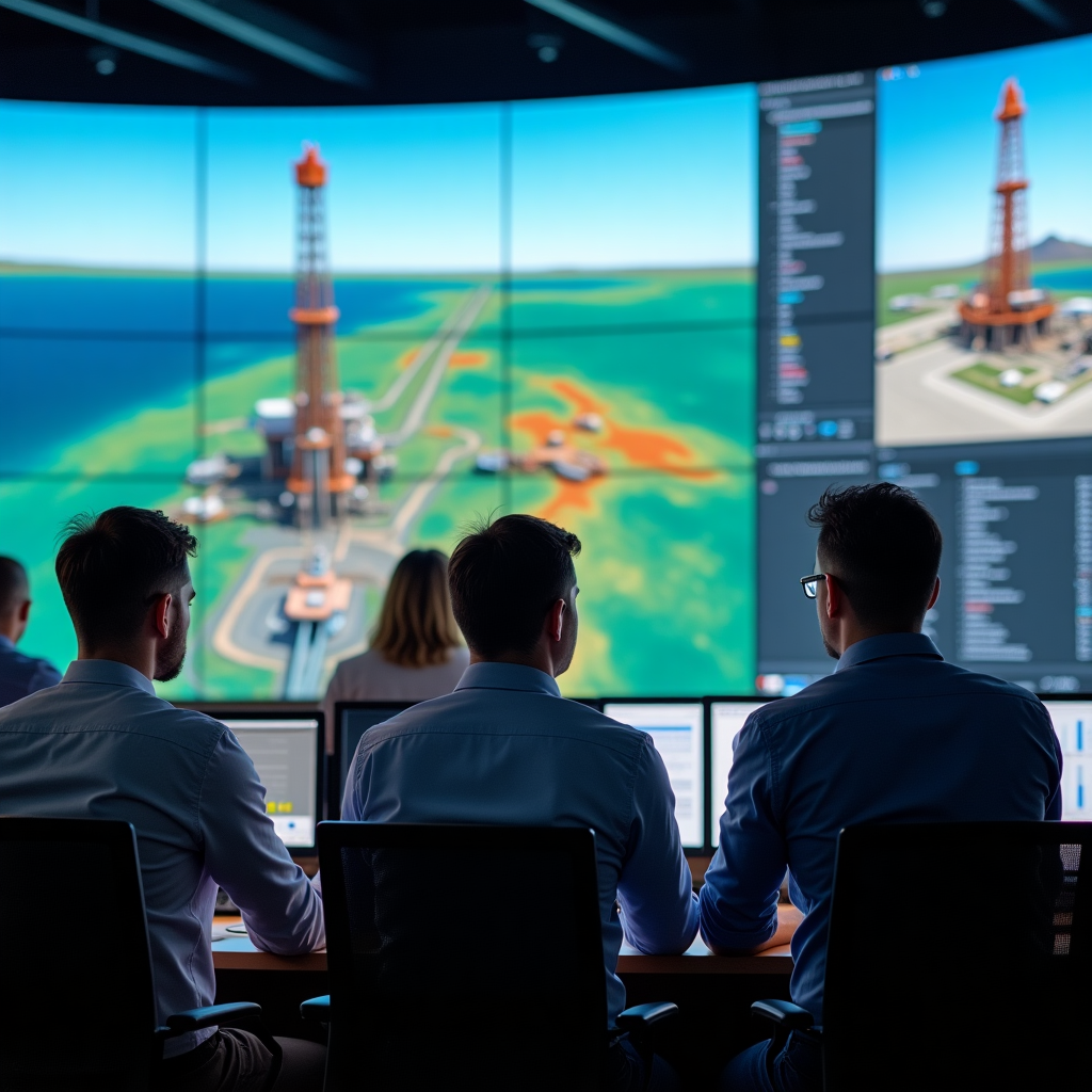 Ingenieros petroleros utilizando tecnología digital